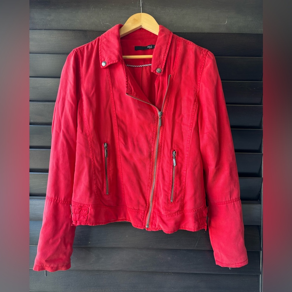 Max Jeans Women's Red Zip Up Moto Jacket Medium 100% Tencel
